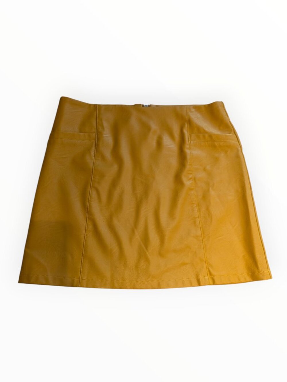 Mustard Yellow Faux Leather A-Line Mini Skirt Exposed Zipper L Tattoo Fall